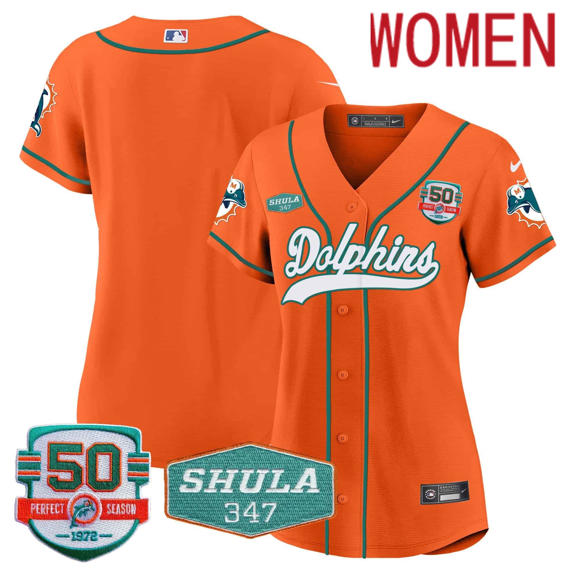 Women Miami Dolphins Blank Orange 2024 Nike 50th Don Shula Memorial Patch Baseball NFL Jersey